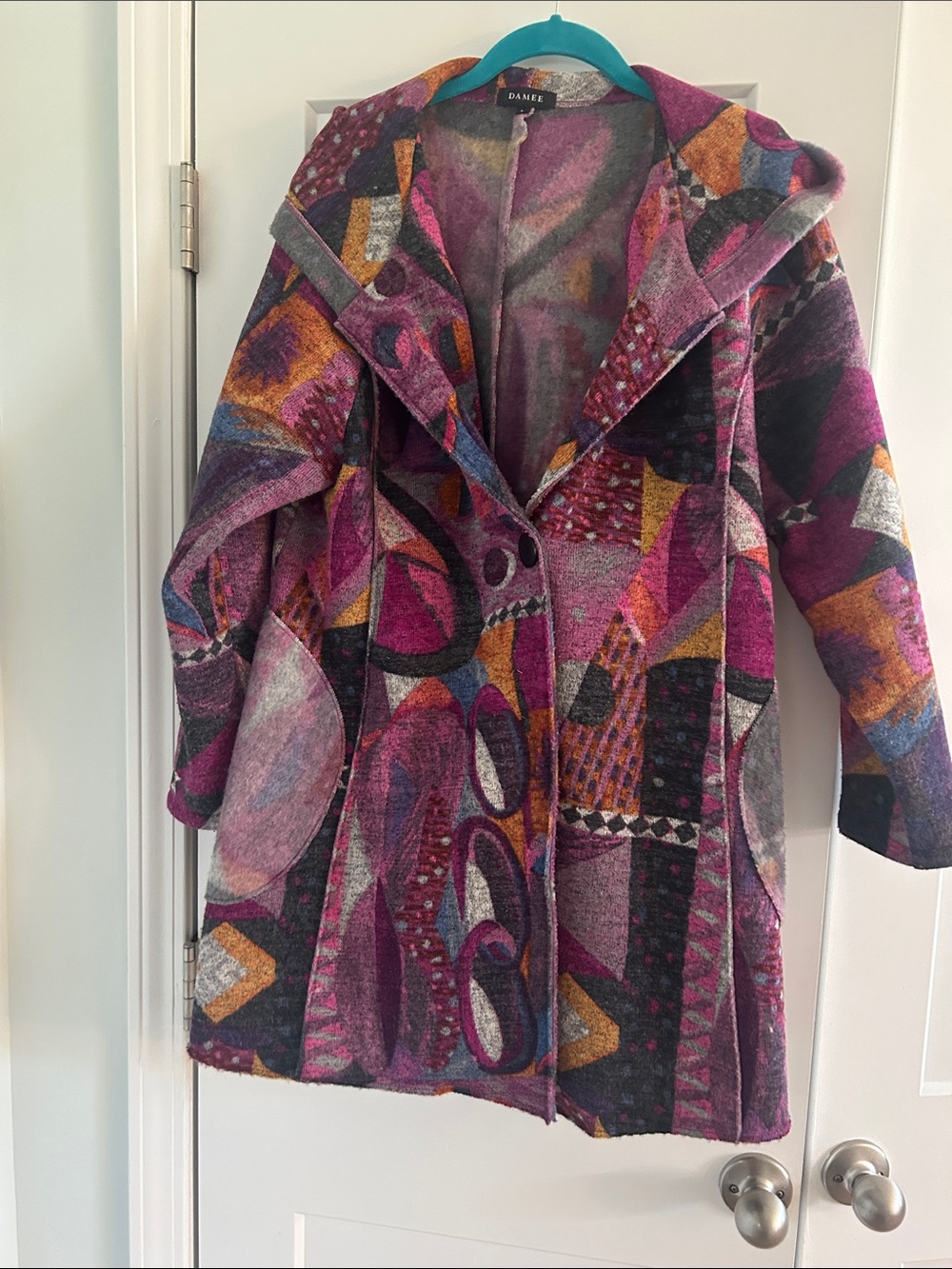 Damee Multicolor Abstract Blend Hooded Coat - Pink & Purple